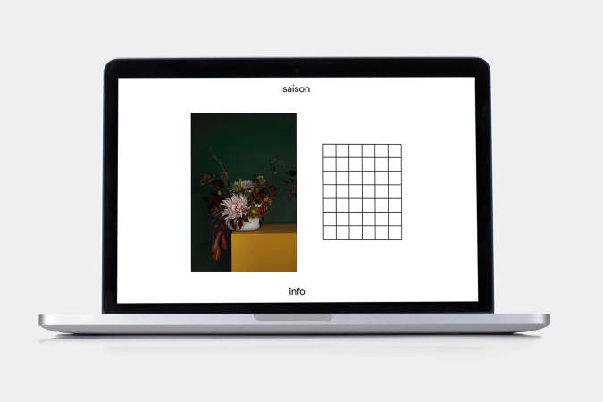 Laptop screen displays a floral arrangement in a vase alongside a grid and text, set against a dark green and white background.