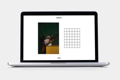 A laptop displaying a minimalist website for Saison featuring a floral image and a grid graphic