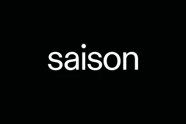 Minimalist white sans-serif typography branding logo spelling saison centered on a solid black background.