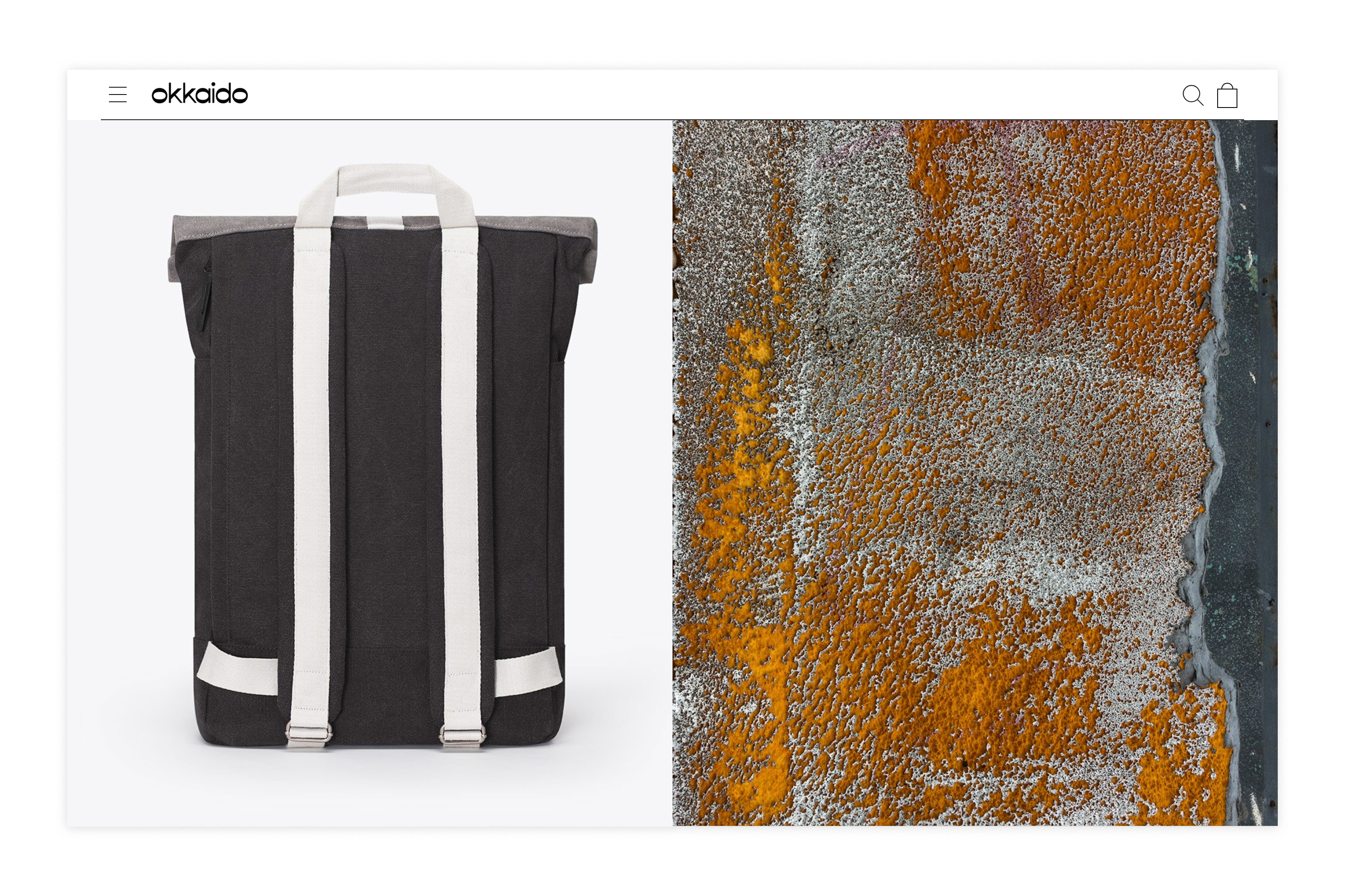 Black backpack with white straps is displayed next to a textured surface with orange, gray, and black, set on a white web page.