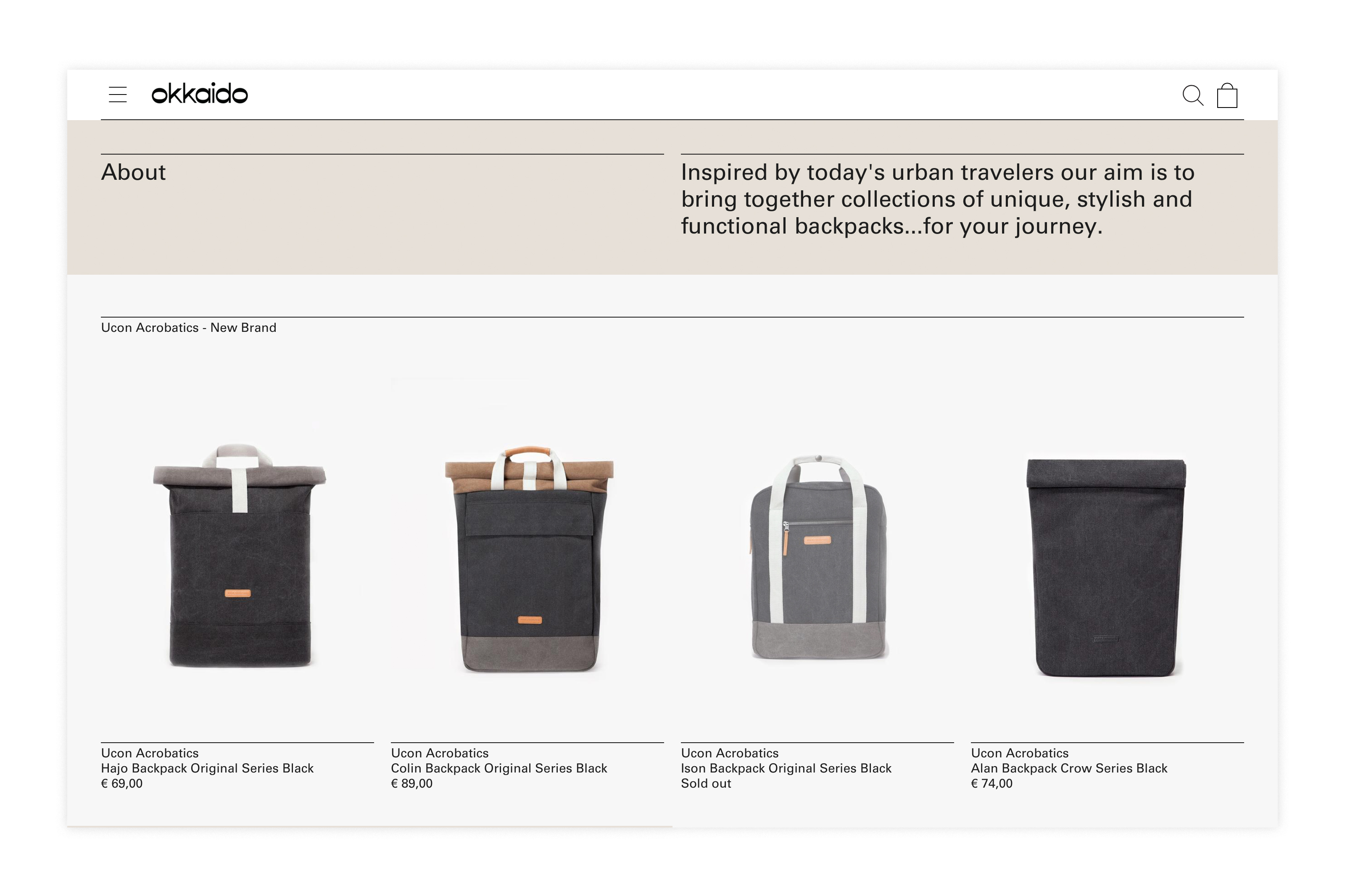 Product website showcasing four Ucon Acrobatics backpacks: Hajo, Colin, Ison, and Alan, displayed against a bright white background.