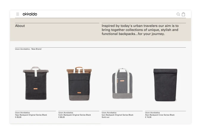 Product website showcasing four Ucon Acrobatics backpacks: Hajo, Colin, Ison, and Alan, displayed against a bright white background.