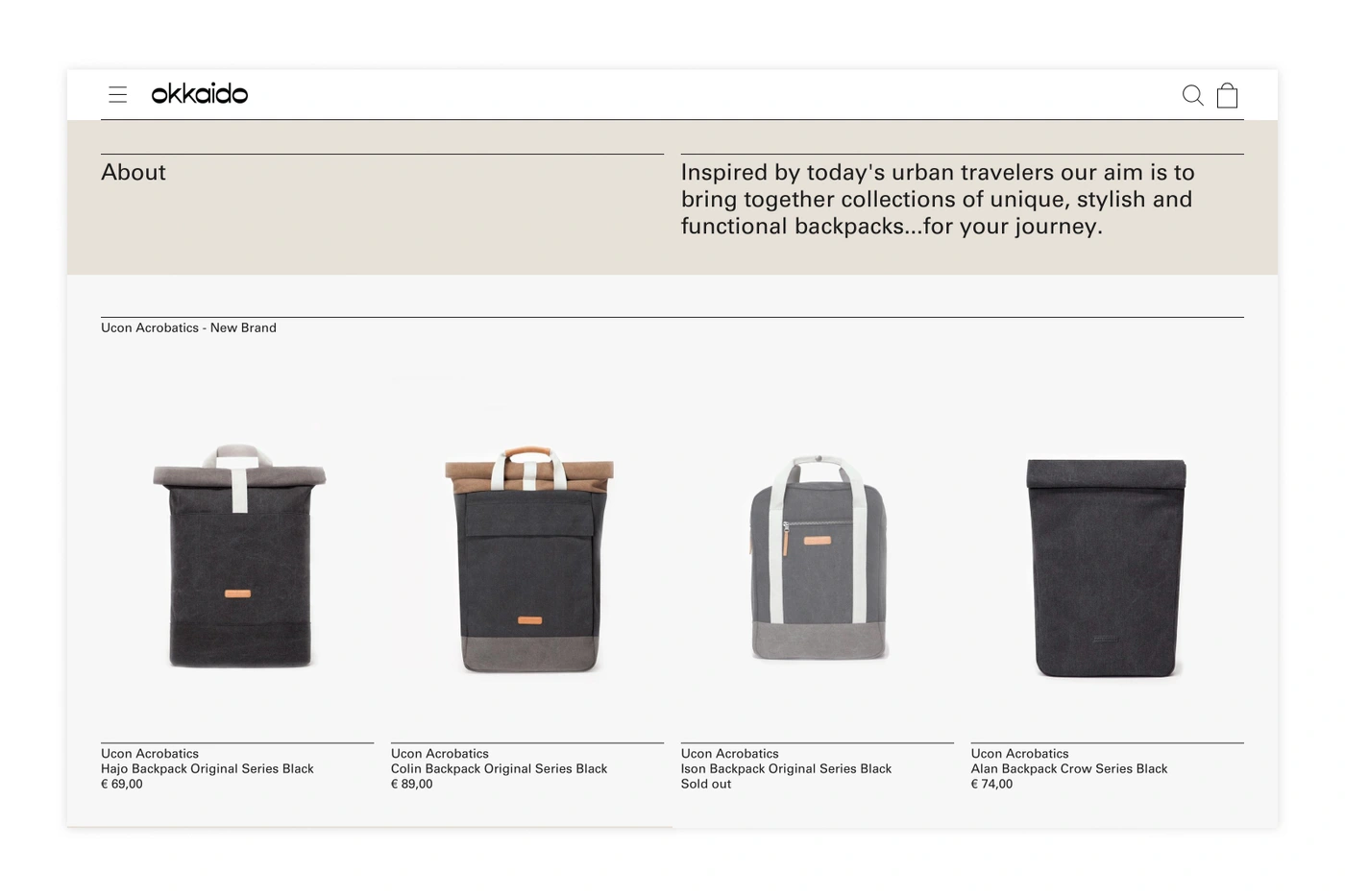 A screenshot of the Okkaido e-commerce website featuring a grid of four black backpacks against a clean white background.