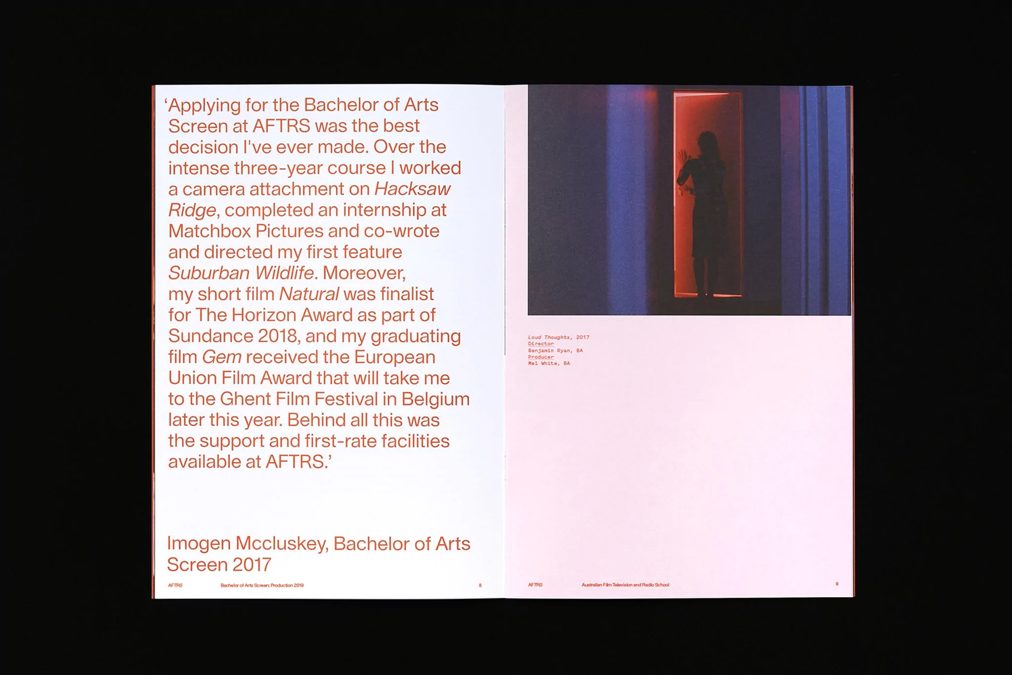 Magazine spread showcases a silhouetted figure in a red doorway with adjacent text detailing the subject's film industry achievements and education.