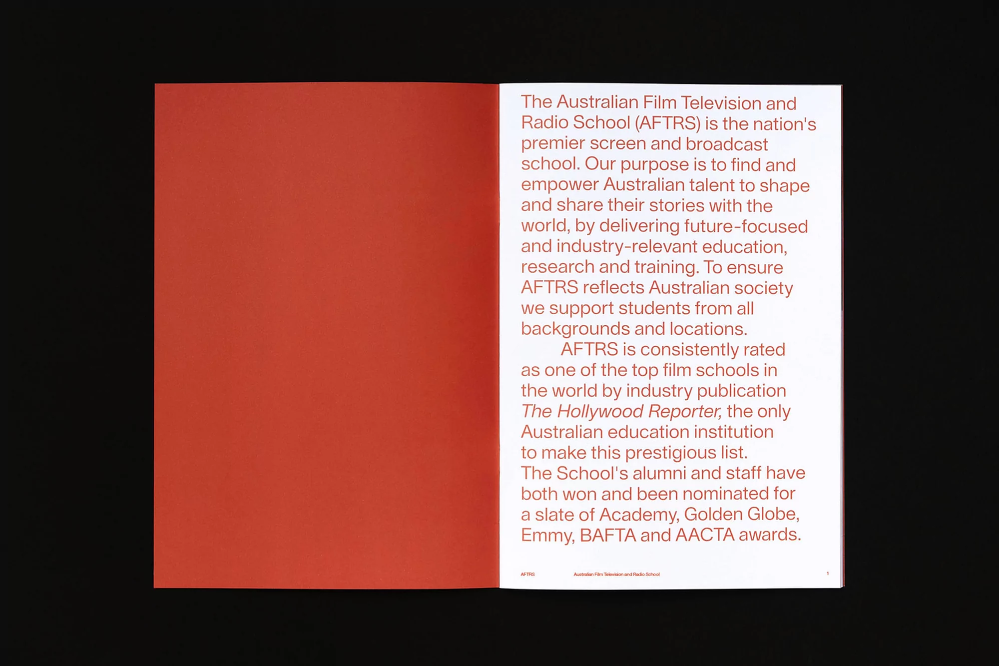 Open magazine spread featuring text about the Australian Film Television and Radio School (AFTRS) against a black background.