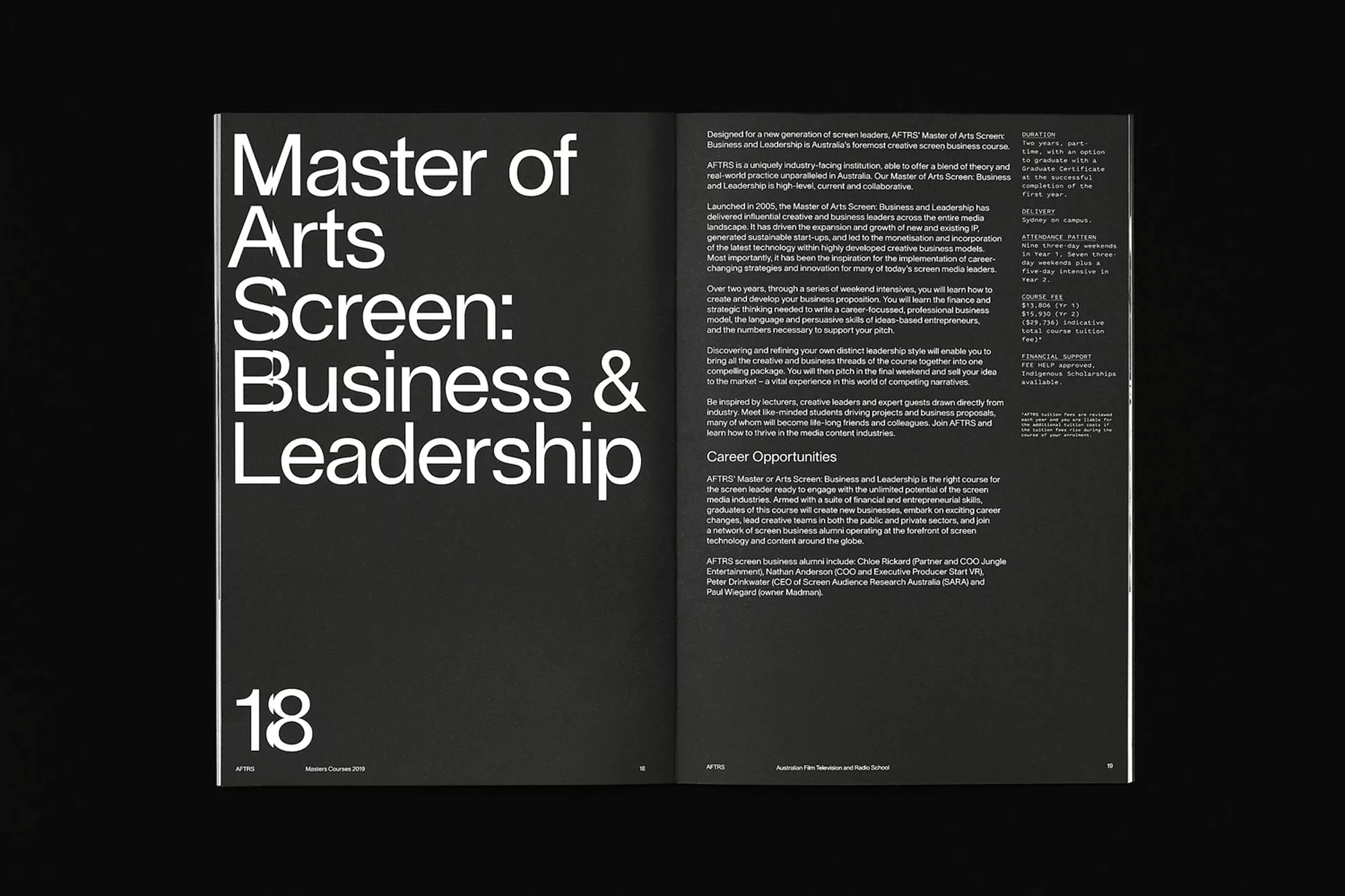 Page spread featuring the title 'Master of Arts Screen: Business & Leadership' in bold white text on a black background.