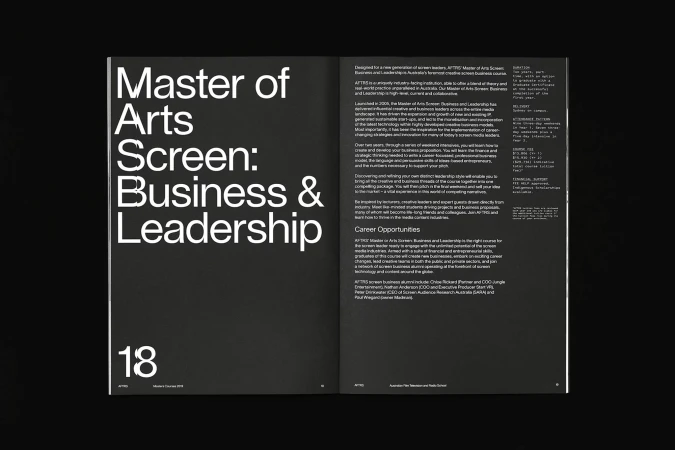 Page spread featuring the title 'Master of Arts Screen: Business & Leadership' in bold white text on a black background.