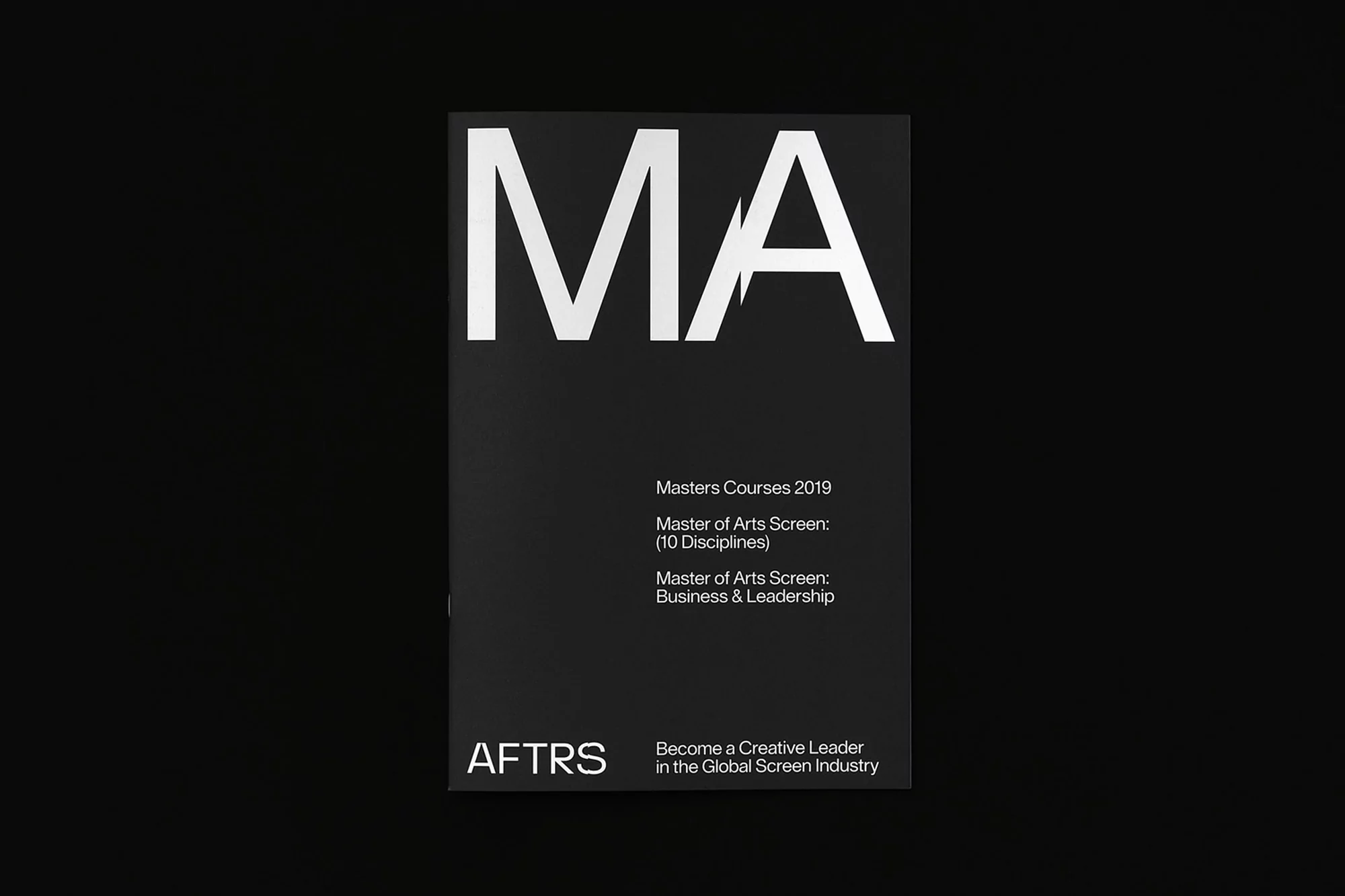 Poster featuring large text 'MA', promoting Master of Arts Screen courses for 2019, with details about disciplines and leadership.
