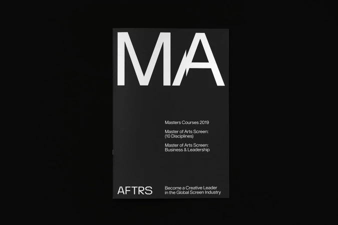 Poster featuring large text 'MA', promoting Master of Arts Screen courses for 2019, with details about disciplines and leadership.
