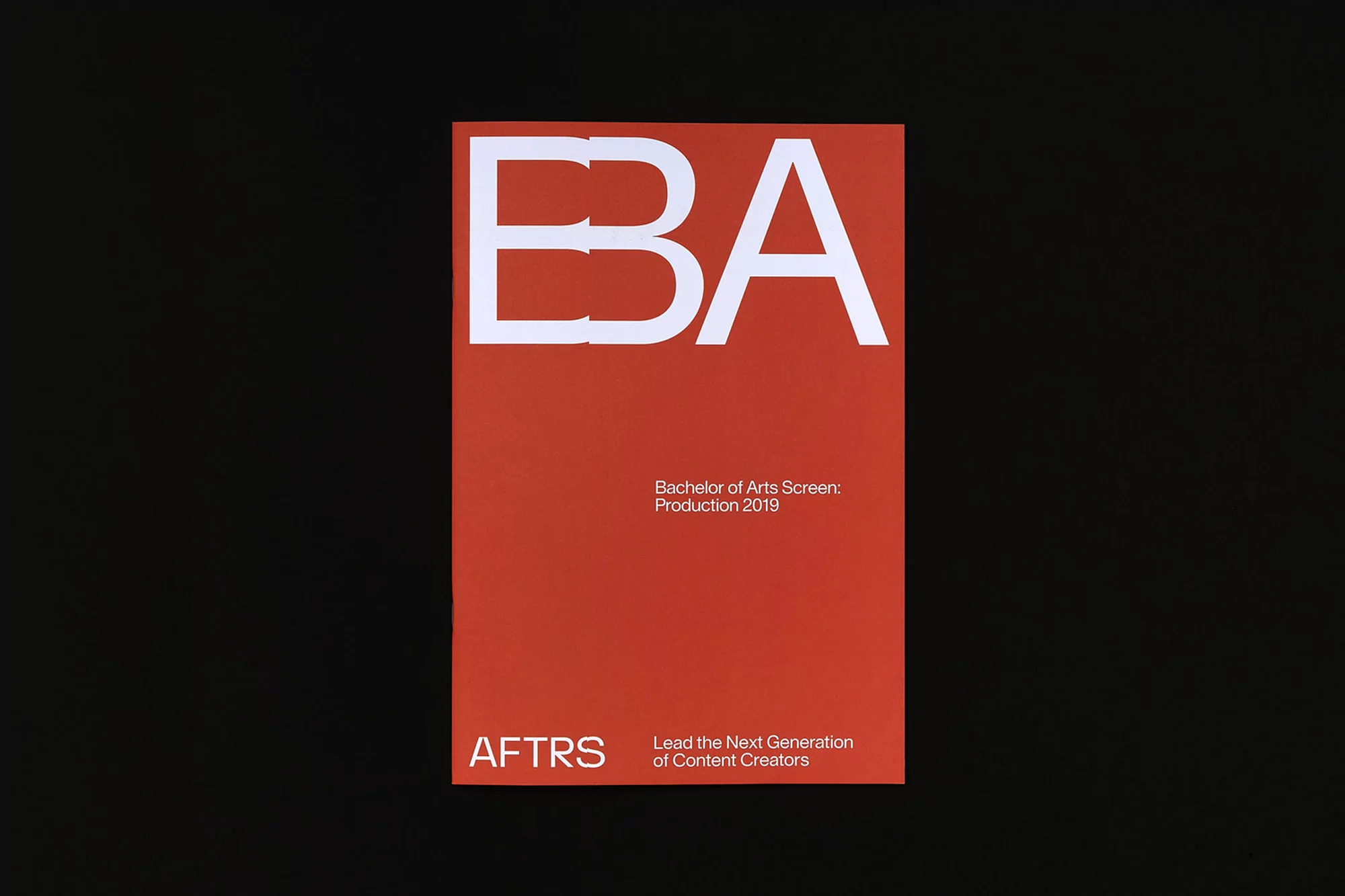 Minimalist promotional poster featuring the text 'BA' and 'Bachelor of Arts Screen: Production 2019' against a black background.