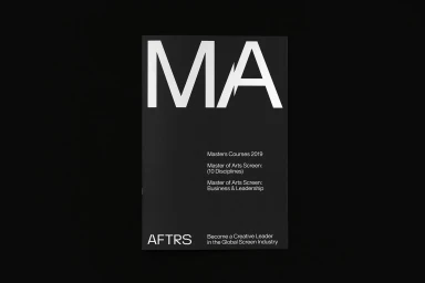 Black brochure cover featuring large white typography reading MA, with AFTRS logo and course information set against a dark background
