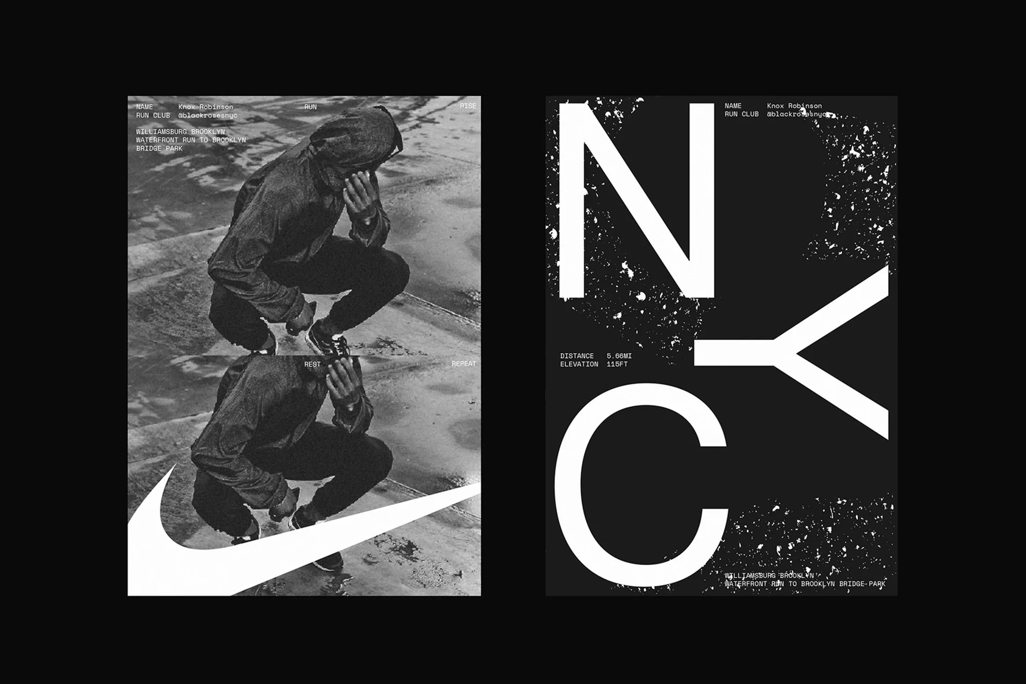 Black and white split poster features a person crouching in athletic wear with a Nike logo, and NYC lettering against a dark backdrop.