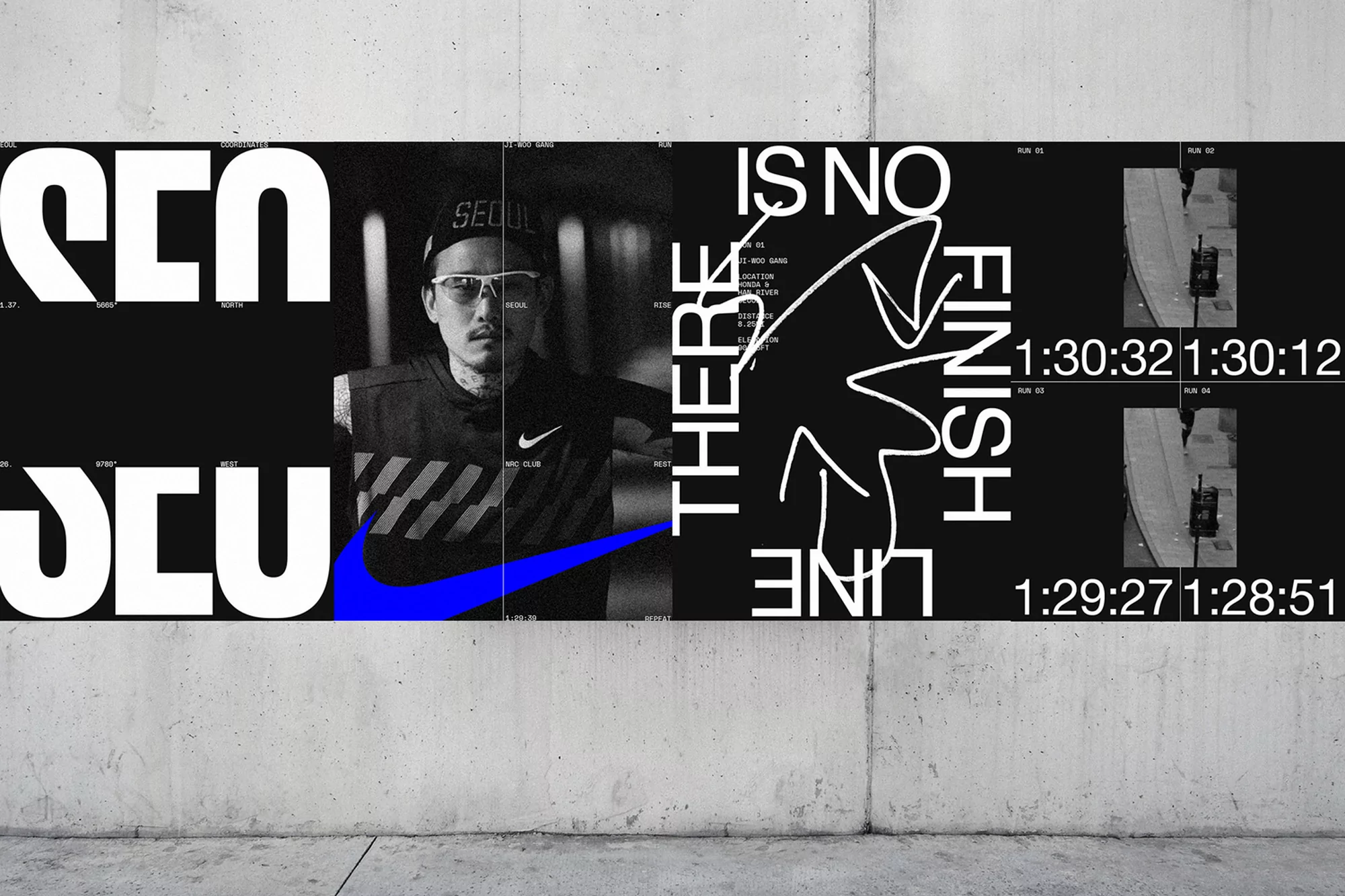Nike campaign featuring an adult male runner in athletic wear against a backdrop of bold typographic elements and monochromatic imagery.