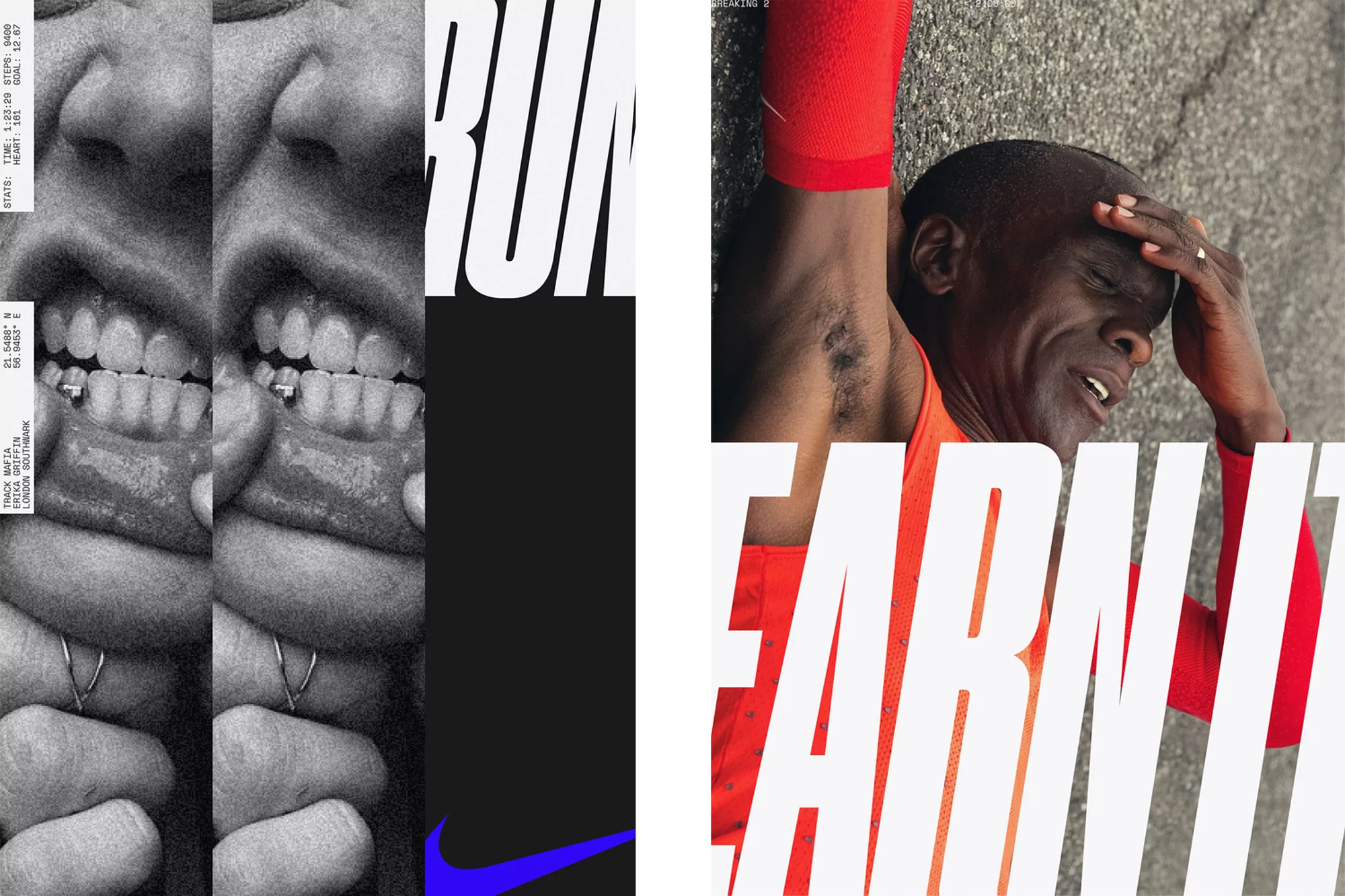 Athletic advertisement featuring close up on mouth with jewelry, an athlete in red with their head in their hand, and bold white text.