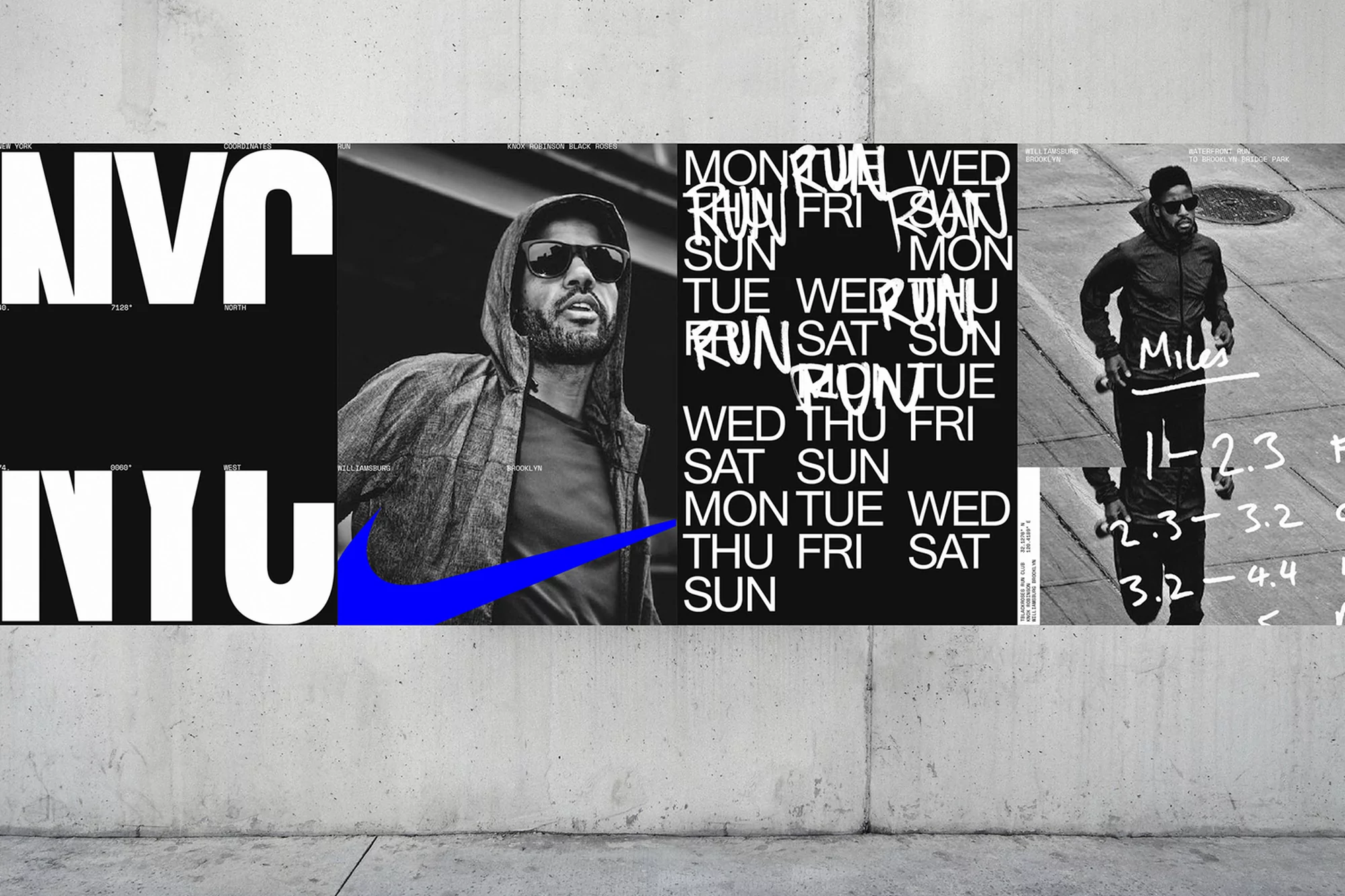Nike running advertisement featuring a male runner, bold typography of 'NYC' and a schedule of days, presented on a concrete wall.