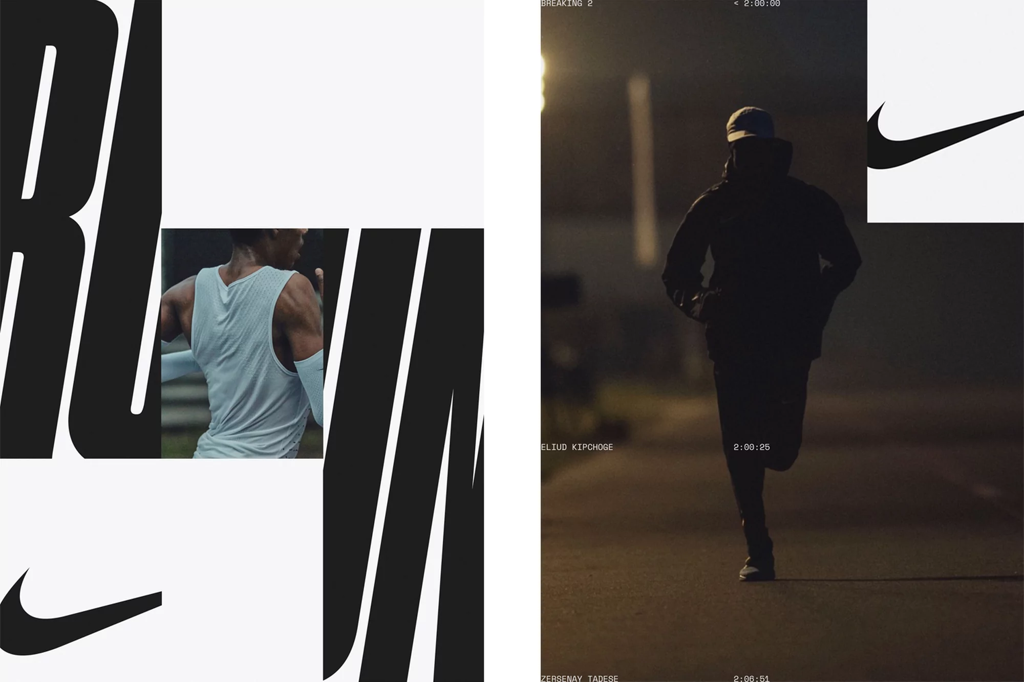 Nike promotional split screen: runner in action on the right side, and dynamic “RUN” typography with brand logo on the left side.