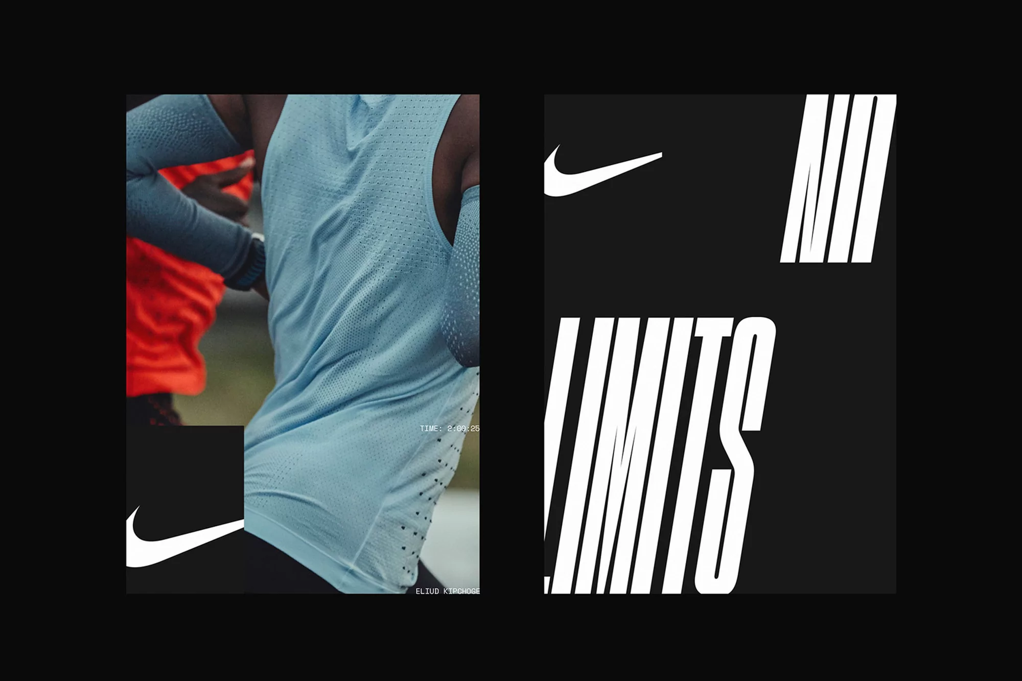 Sport advertisement featuring a cropped runner in motion, contrasted with graphic black panels and bold white LIMITS typography.