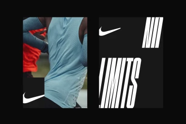 Nike brand identity graphic featuring an athlete in a blue tank top alongside bold typographic layout