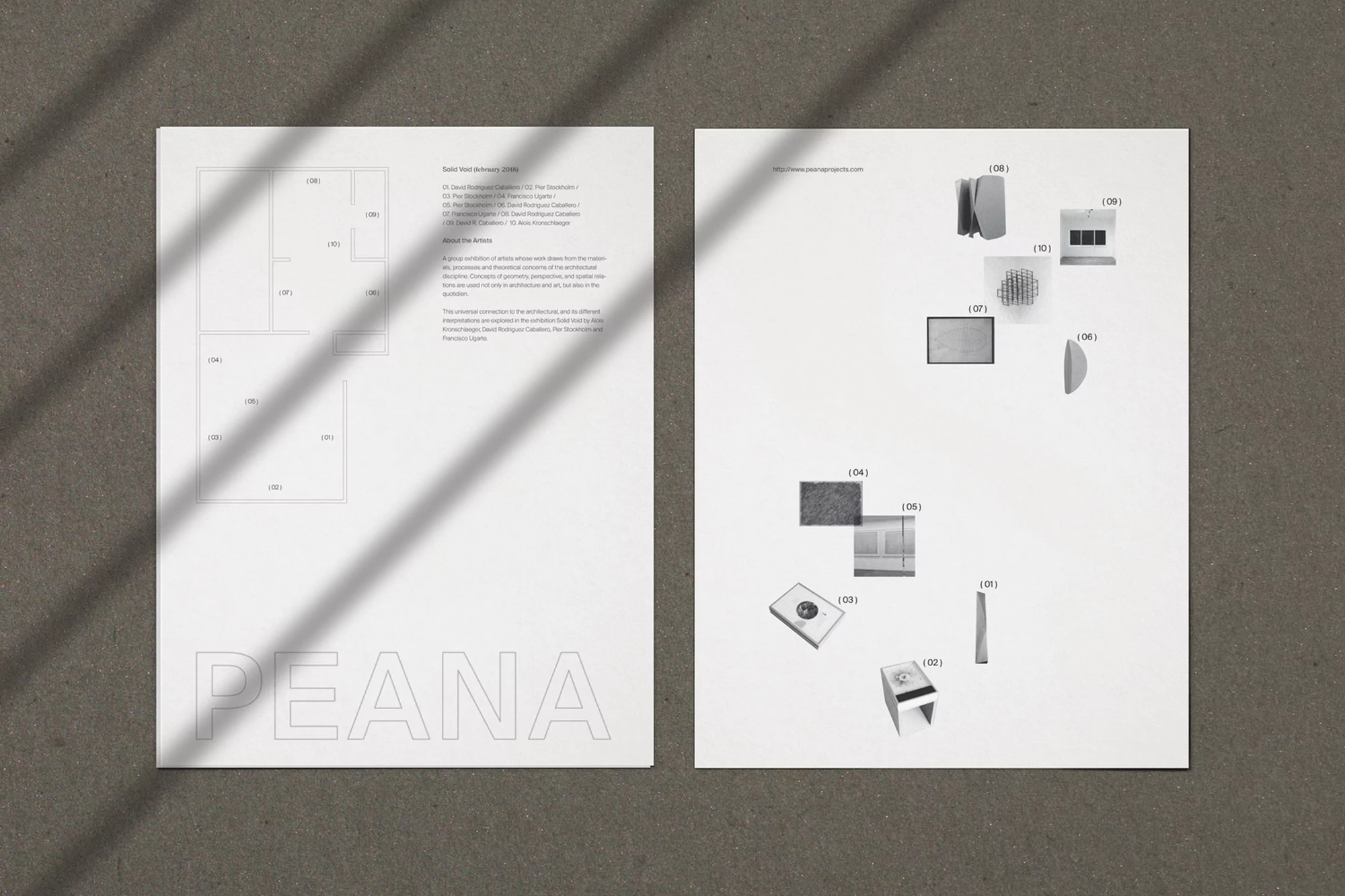 Architectural presentation of an exhibition with diagrams, object renderings, and text on white paper sheets with window shadow.