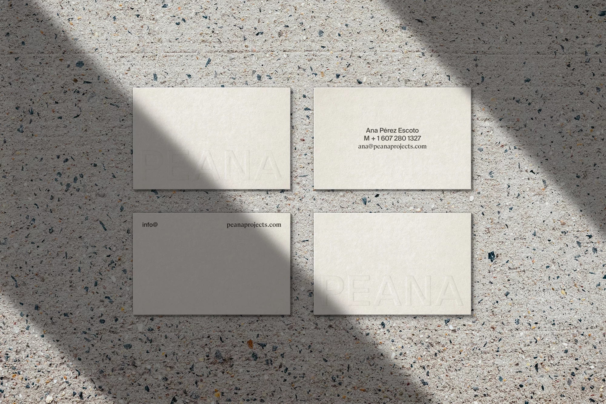 Four business cards are neatly arranged on a speckled, textured surface, illuminated by natural light casting a diagonal shadow across the scene.