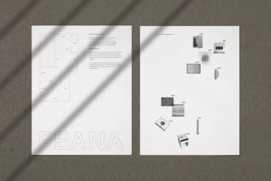 Two white paper sheets with architectural floor plans, typography, and small imagery displayed on a grey textured surface.