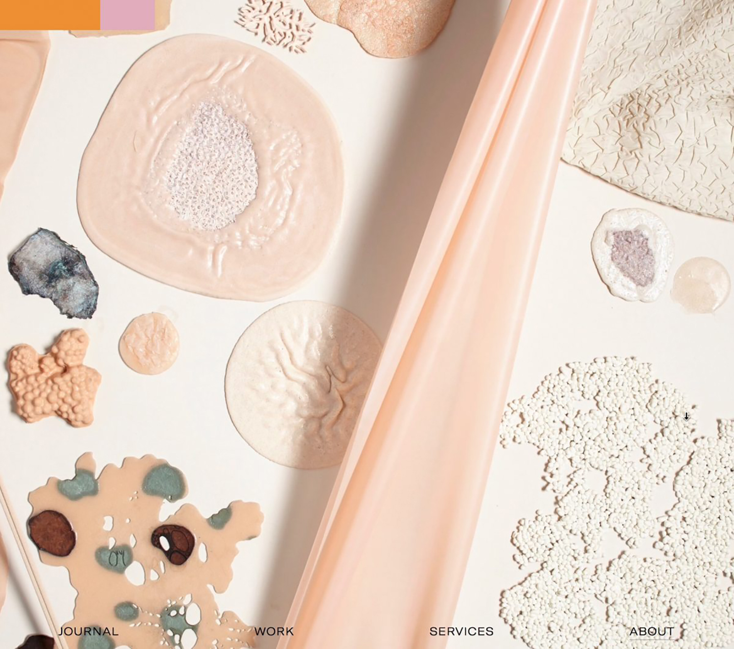 Abstract still life featuring irregularly shaped objects, flowing cloth, and speckled textures in a soft, muted palette of beige and pink.