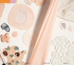 Close-up graphic design brand identity layout featuring varied peach and white tactile textures, organic material samples, and draped fabric.