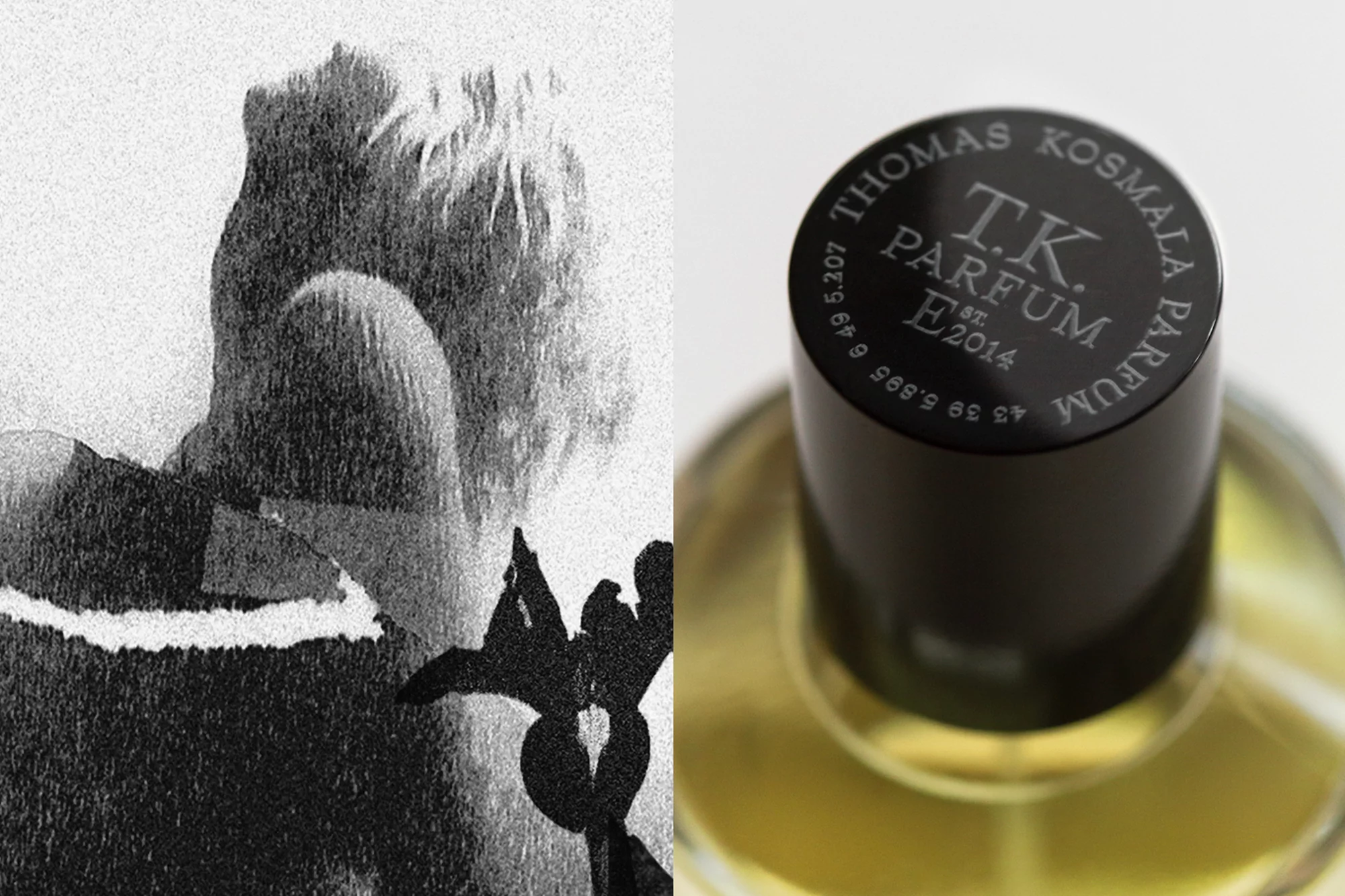Close-up split screen of Thomas Kosmala Parfum bottle with black cap, and a black and white abstract sketch of a female figure.