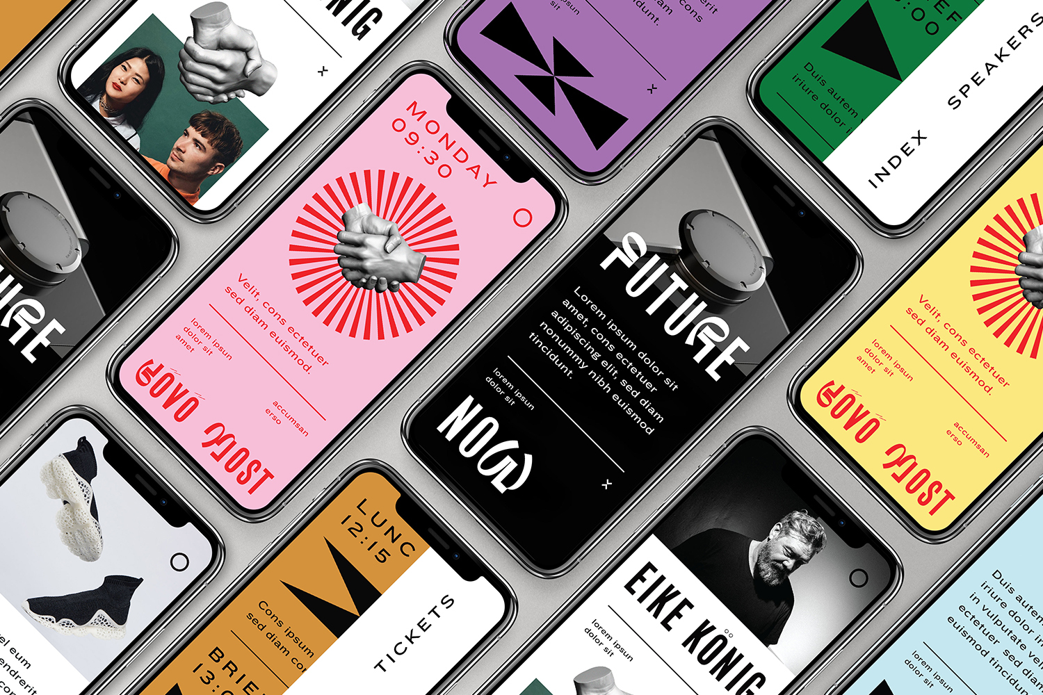 Collection of smartphone screens displaying graphic designs and event information against a gray backdrop in a flat lay composition.