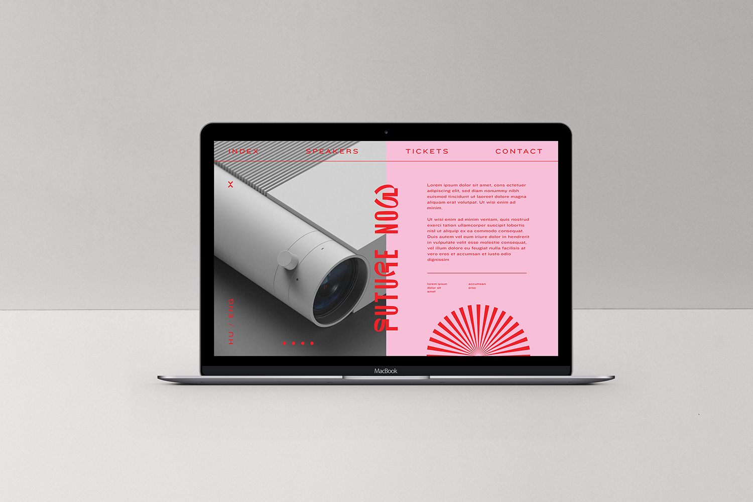 Laptop displays a minimalist web design concept with geometric shapes, pink color blocking, and clean typography on a gray background.