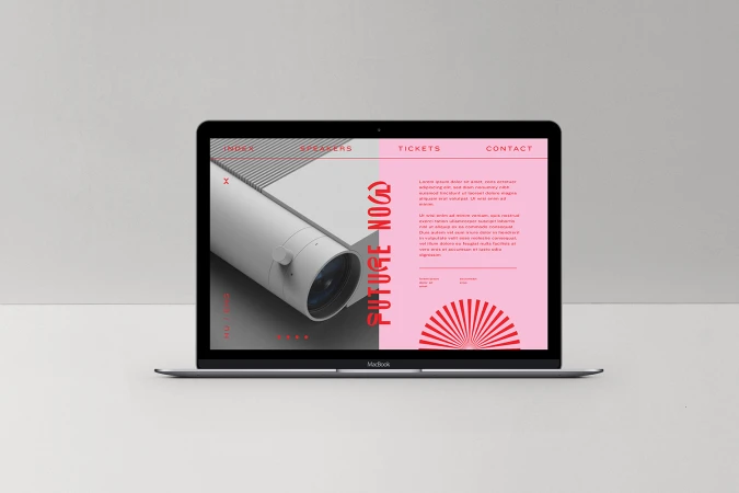 Laptop displays a minimalist web design concept with geometric shapes, pink color blocking, and clean typography on a gray background.