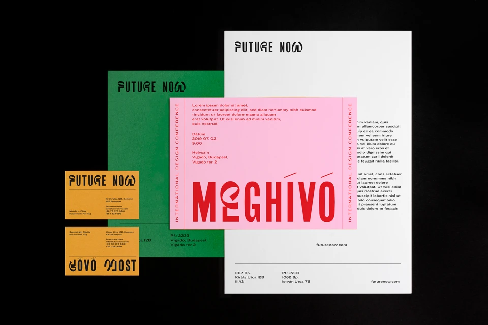 Promotional materials including posters and business cards promoting 'Future Now', an international design conference, with a black background.