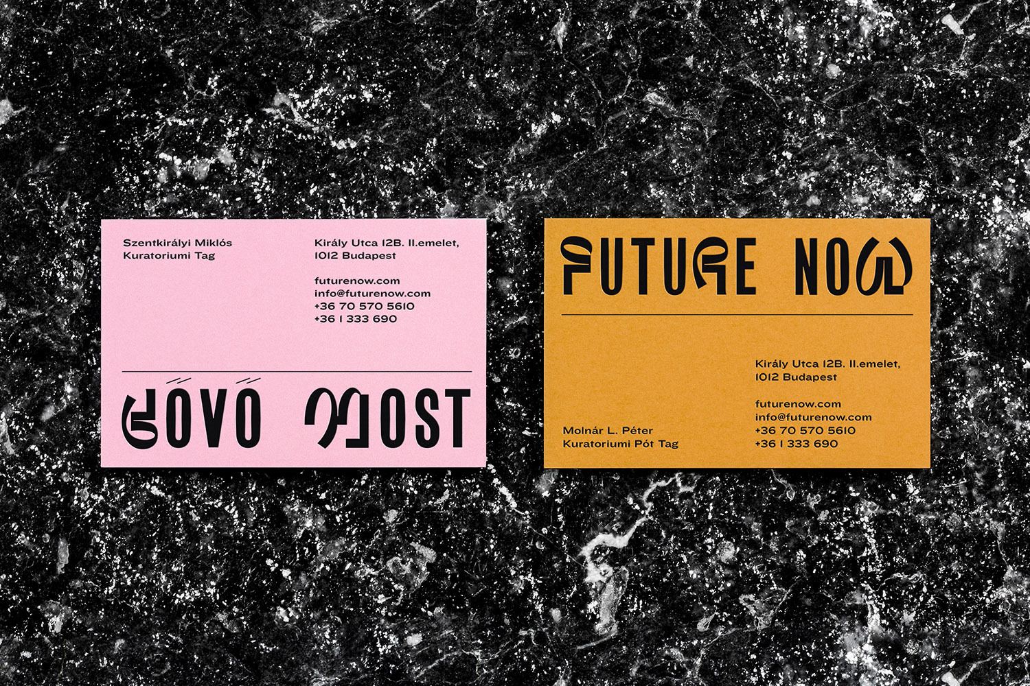 Two business cards, one pink and one mustard-colored, with 'Future Now' branding on a textured black and gray backdrop.