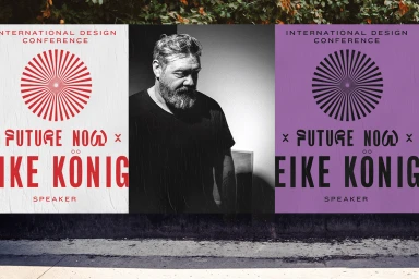 Triptych poster featuring International Design Conference branding for Future Now with Eike Konig and a central portrait.