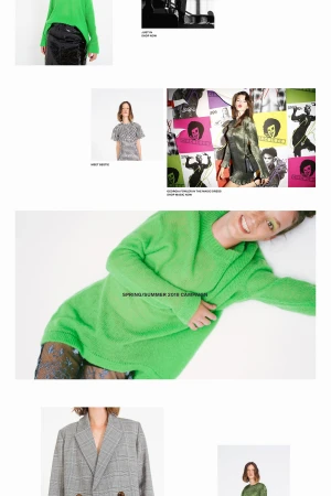 Fashion layout featuring a young woman in a neon green sweater on a white background, with other models and apparel visible.