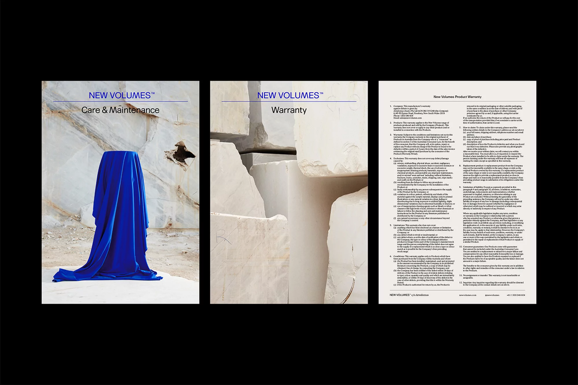 Three product brochures for New Volumes featuring a blue draped object, marble slabs, and product warranty information.