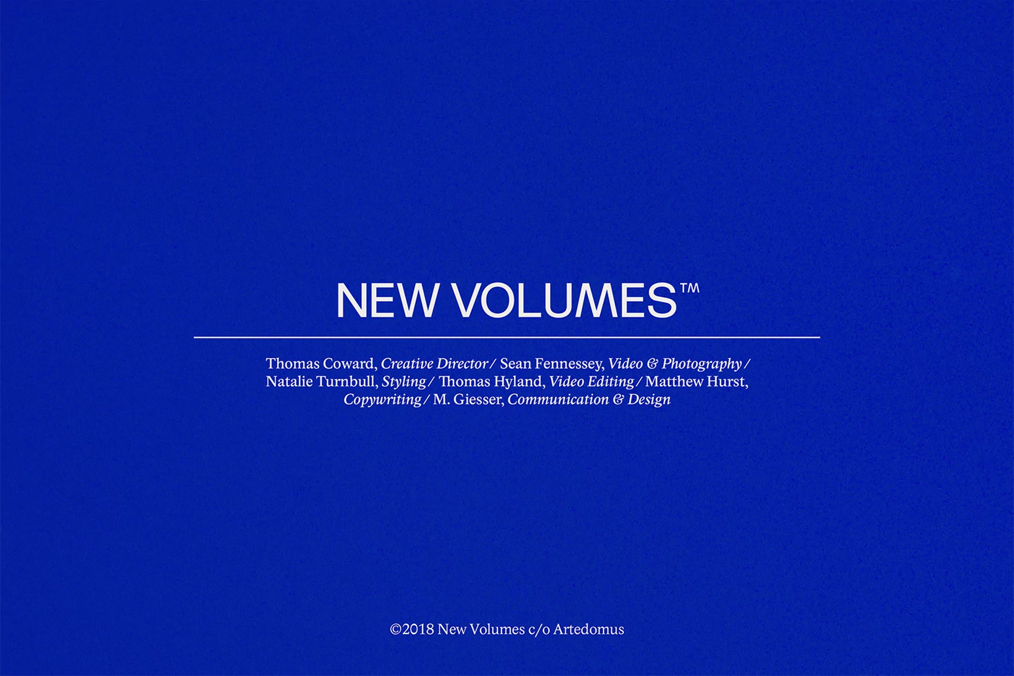 Image with text "NEW VOLUMES" and credits in white against a solid royal blue background, design-focused, minimalist and modern aesthetic.