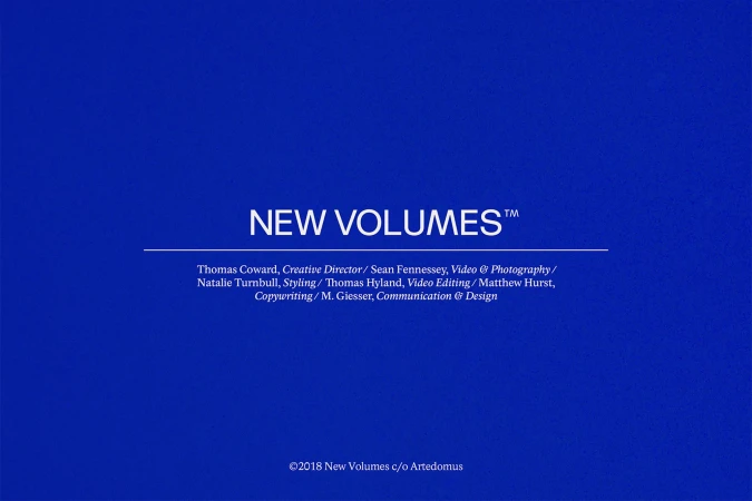 Image with text "NEW VOLUMES" and credits in white against a solid royal blue background, design-focused, minimalist and modern aesthetic.