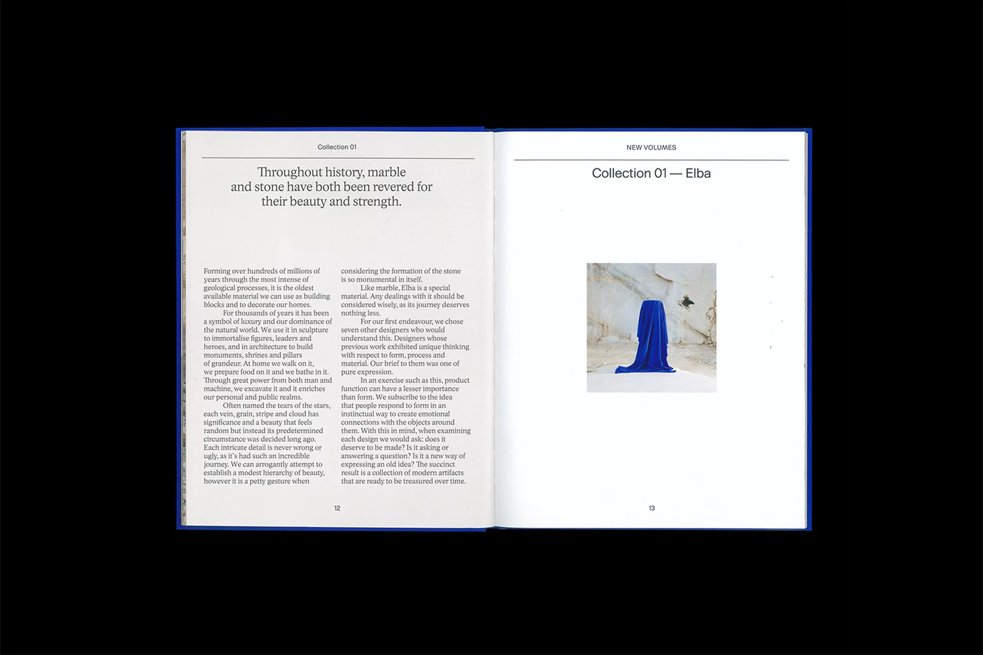 Open pages of a book featuring text about marble and stone, with a photo of draped blue cloth on a white platform.