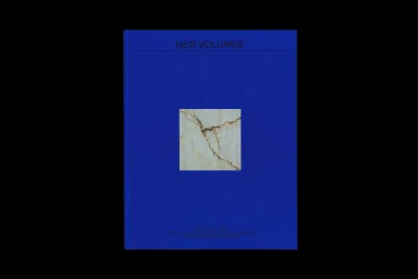 Blue book cover with centered square marble swatch graphic and black typography against black background