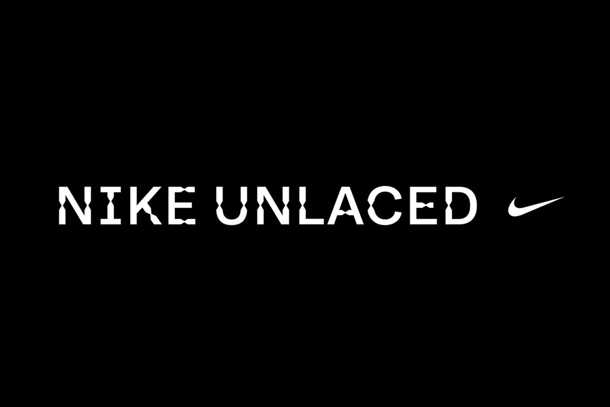 Nike Unlaced logo on a black background. Bold sans-serif typography with geometric details.  Minimalist and modern sports branding.