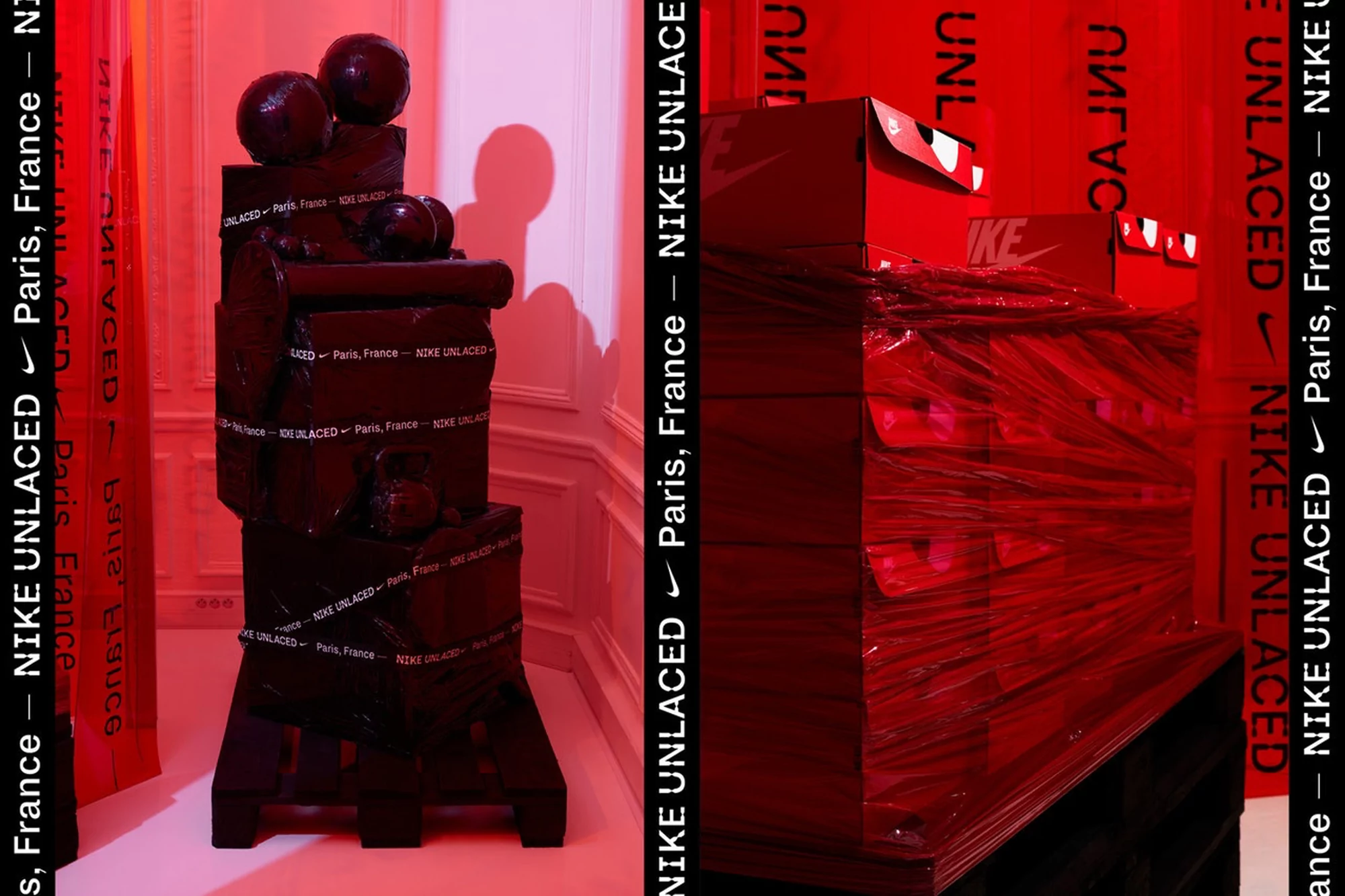 Towers of black Nike shoeboxes and black spherical objects sit in a gallery with red accents, and overlaid text on the left and right.