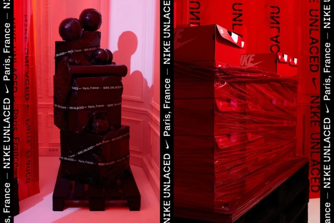 Towers of black Nike shoeboxes and black spherical objects sit in a gallery with red accents, and overlaid text on the left and right.