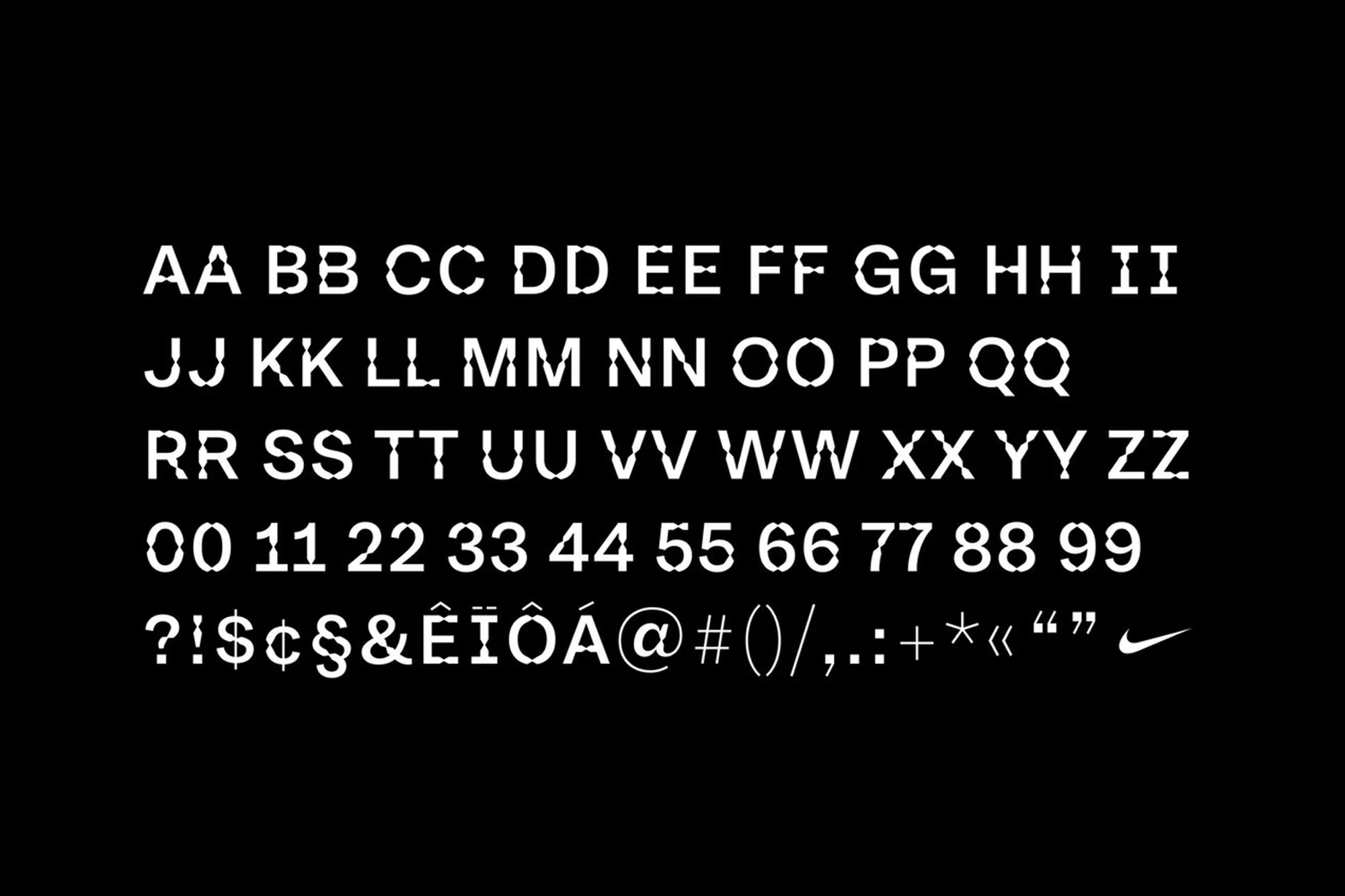 Alphabet and number set on a black background featuring letters A-Z, numbers 0-9, punctuation and the Nike swoosh logo.