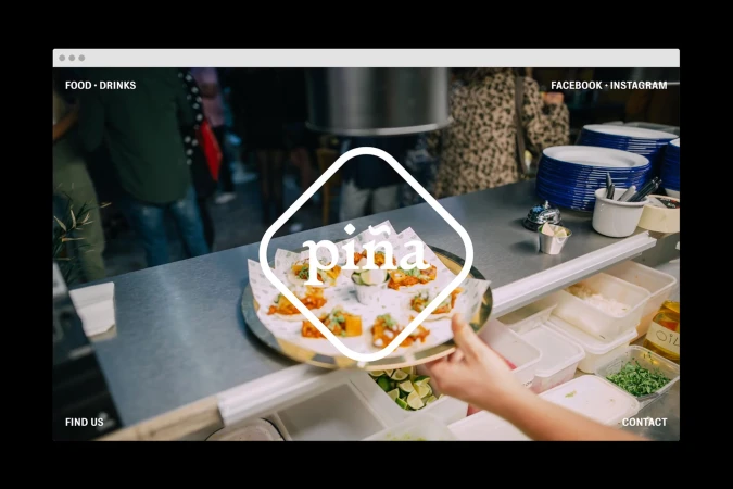 Website mockup showing tacos on a tray and the words Piña centered in a diamond-shaped logo on a gray counter with a hand visible.