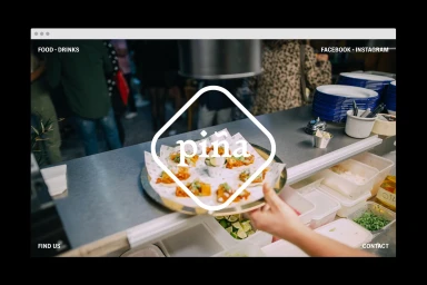 Website mockup for Piña showing a plate of small tacos on a stainless steel commercial kitchen counter with a diamond logo overlay