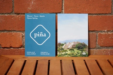 Two printed cards featuring the Piña brand identity displayed against a red brick wall and wooden slats.