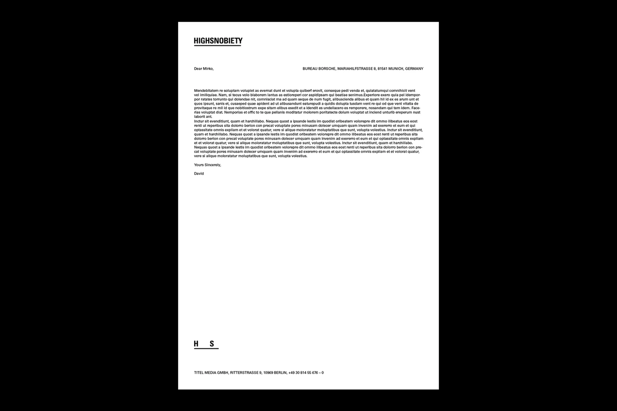 Letterhead featuring the brand name Highsnobiety, company address, and business contact information, presented in black and white.