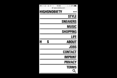 Mobile website menu screen for Highsnobiety featuring bold black typography on white background