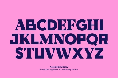Bespoke uppercase serif alphabet typography displayed in dark navy on a solid pink background.